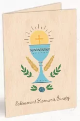 Karnet drewniany C6 + koperta Komunia Kielich niebieski