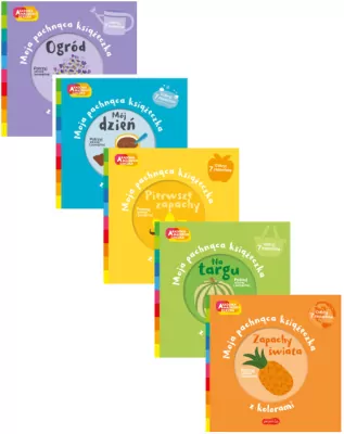 Pakiet: Ogród / Mój dzień / Pierwsze zapachy / Na targu /  Zapachy świata. Moja pachnąca książeczka z kolorami. Akademia Mądrego Dziecka