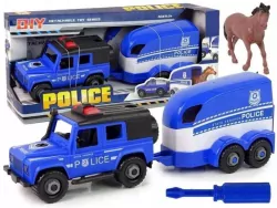 Auto policyjne z przyczepą i konikiem