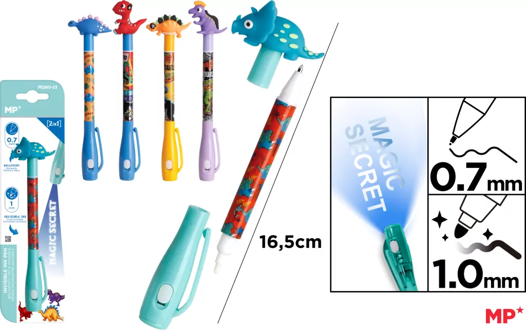 Długopis Szpiegowski UV z podwójną końcówką 0.7/1.0mm Dinozaury 1szt.mix - tantis.pl