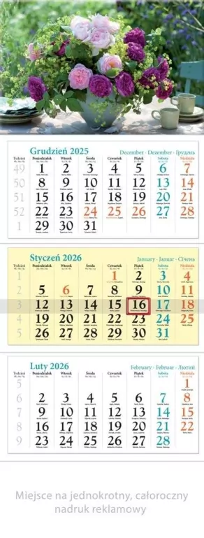 Kalendarz 2026 ścienny trójdzielny Kwiaty - tantis.pl