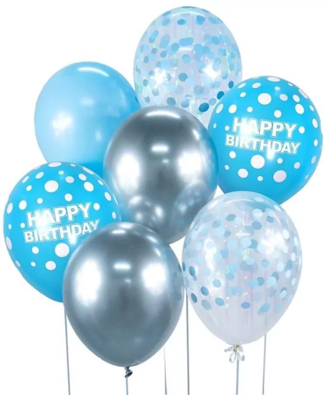 Balony B&C srebrno-niebieski Happy Birthday 7szt - tantis.pl