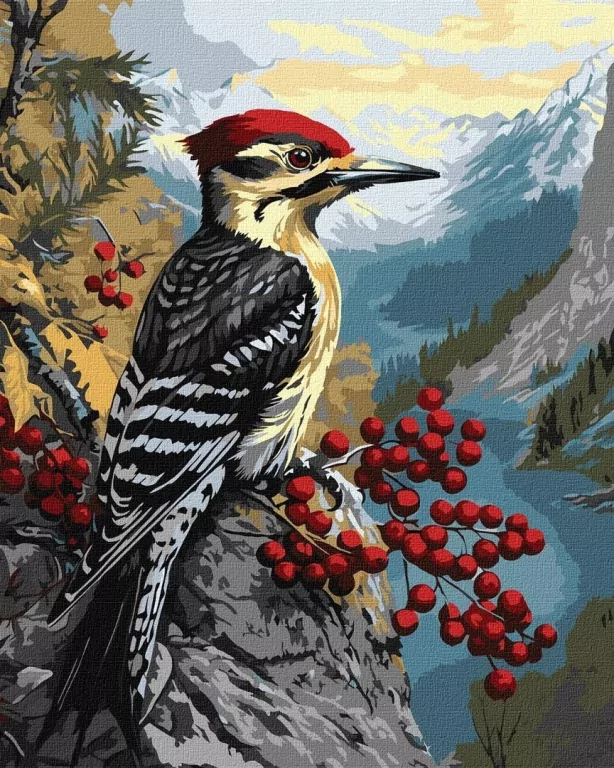 Malowanie po numerach -Dzięcioł na kalinie 40x50cm - tantis.pl