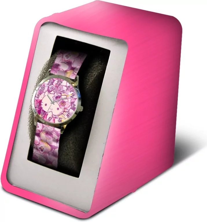 Zegarek analogowy z fioletowym paskiem w metalowym opakowaniu Hello Kitty - tantis.pl