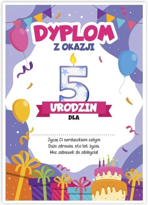 Dyplom A5 urodzinowy - piąte urodziny - tantis.pl