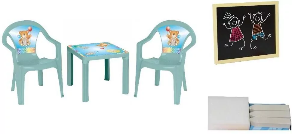 Stolik i dwa krzesła + tablica pastel turkus - tantis.pl