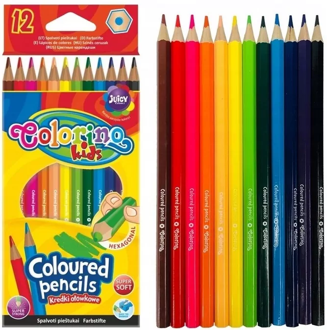 Colorino Kids. Kredki ołówkowe heksagonalne z gumką, 12 kolorów - tantis.pl