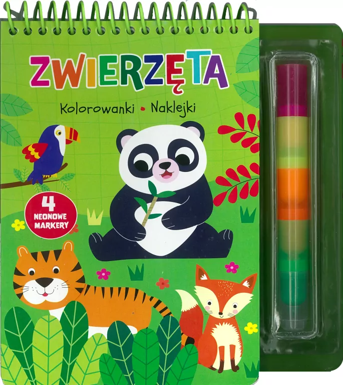Zwierzęta. Kolorowanki naklejki 4 neonowe markery - tantis.pl