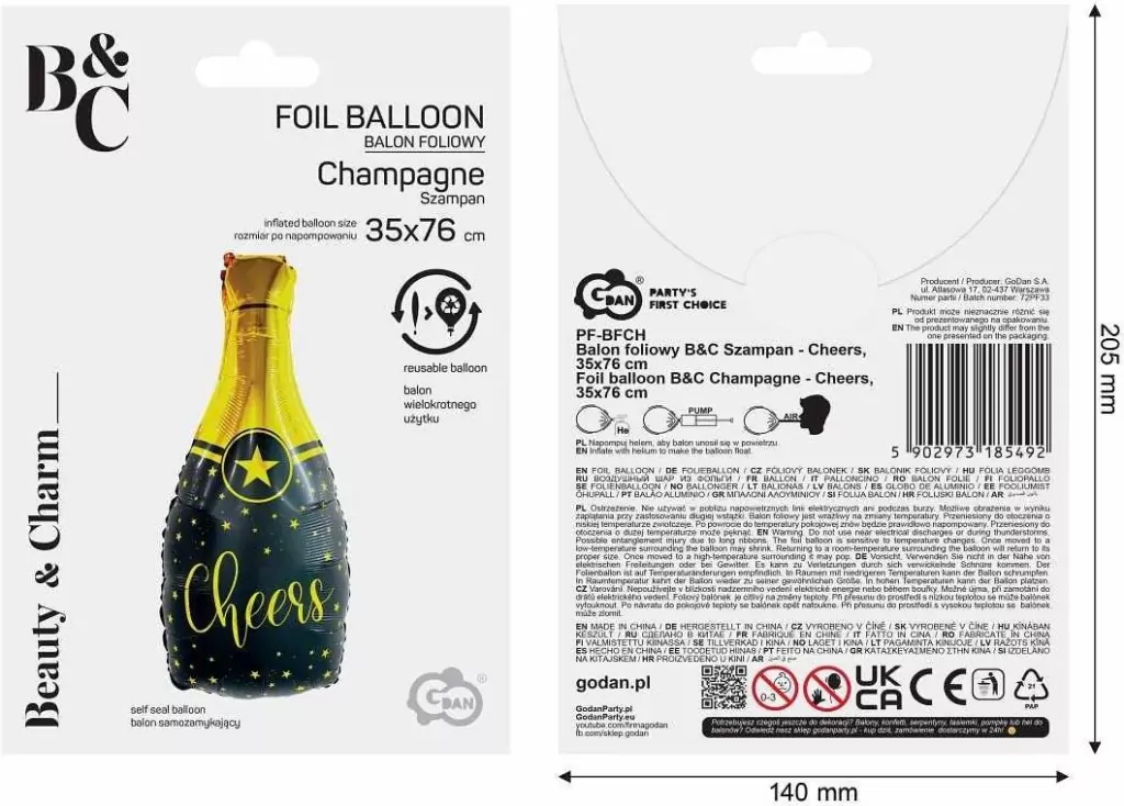 Balon foliowy B&C Szampan Cheers 35x76cm - tantis.pl