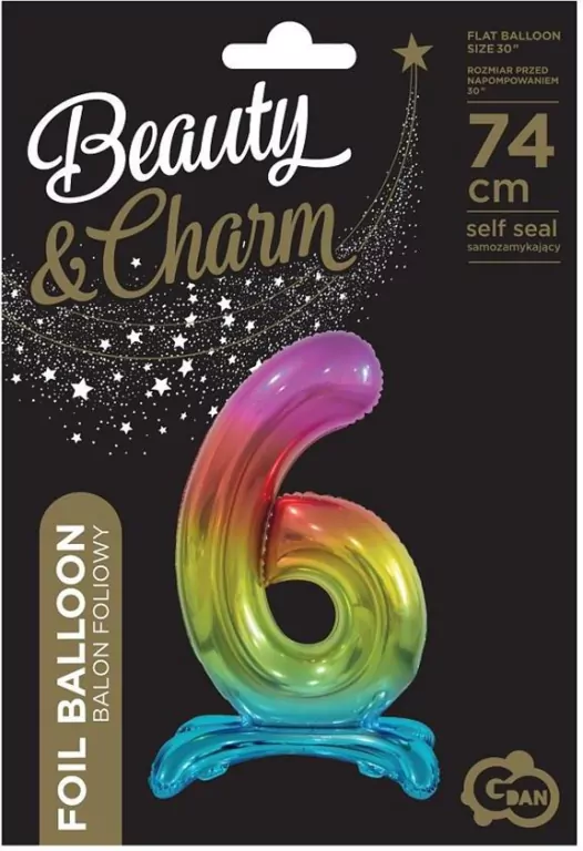 Balon foliowy B&C cyfra stojąca 6 tęczowa 74cm - tantis.pl
