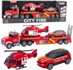 Zestaw strażacki - laweta, helikopter, samochód