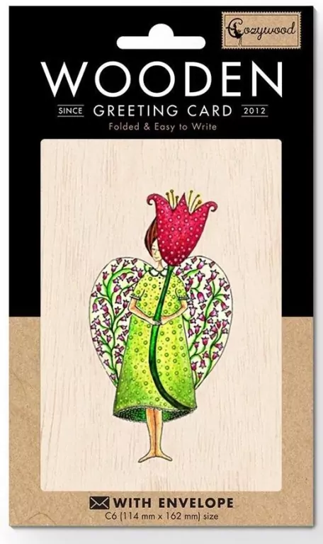 Karnet drewniany C6 + koperta Anioł z kwiatem - tantis.pl