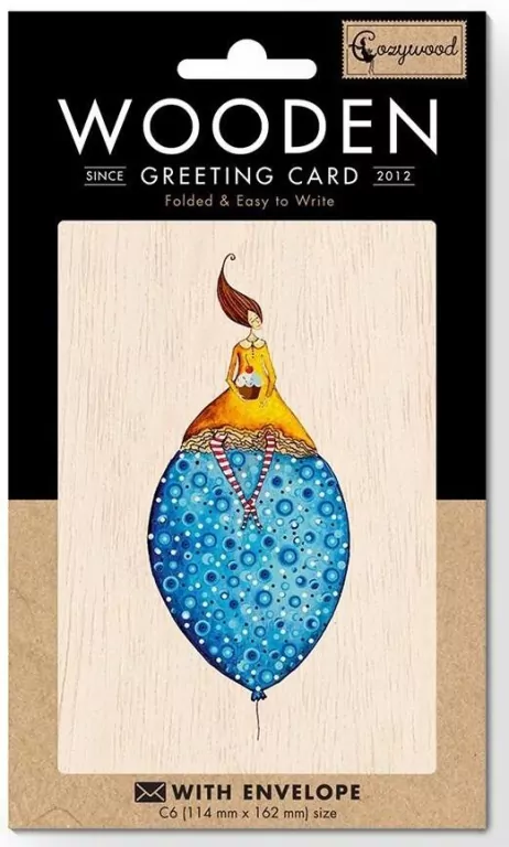 Karnet drewniany C6 + koperta. Kobieta na balonie - tantis.pl