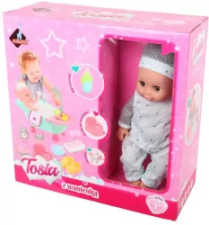 Lalka Tosia z wanienką w szaro-niebieskim ubranku