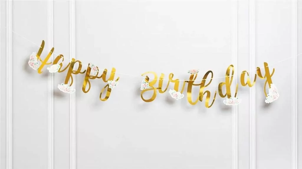 Baner Happy Birthday z kwiatami złoty - tantis.pl