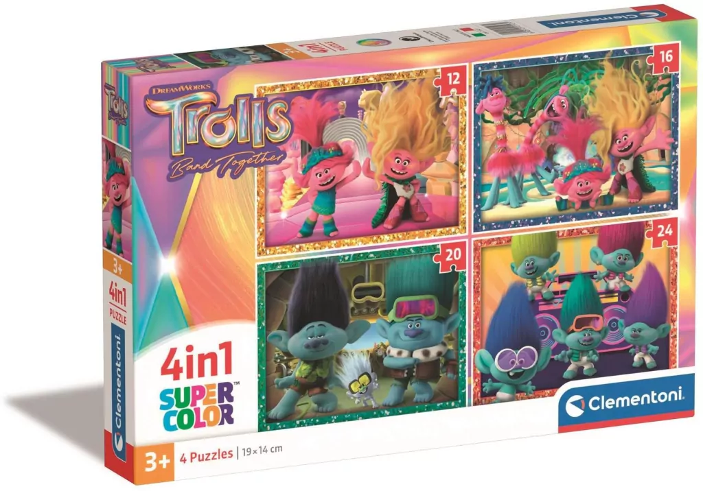 Clementoni. Puzzle 4w1. Super Kolor Trolls 3 - tantis.pl
