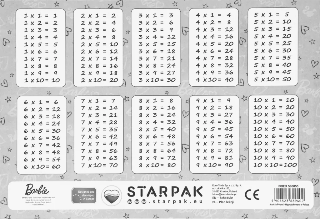 Plan lekcji z tabliczką mnożenia - tantis.pl