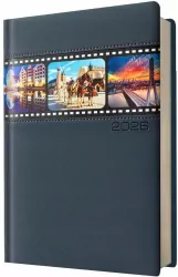 Kalendarz 2026 A5 dzienny granatowy miasta Polski