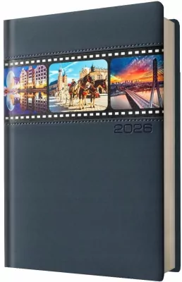 Kalendarz 2026 A5 dzienny granatowy miasta Polski
