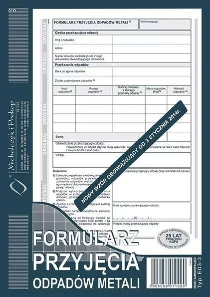 Formularz przyjęcia odpadów metali E03-3 - tantis.pl