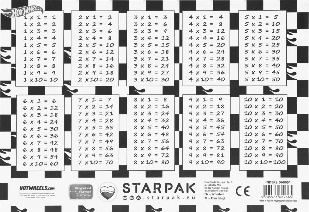 Plan lekcji z tabliczką mnożenia - tantis.pl