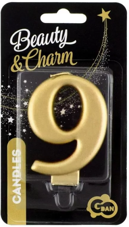 Świeczka cyferka 9 Beauty&Charm metalik złota 8cm - tantis.pl