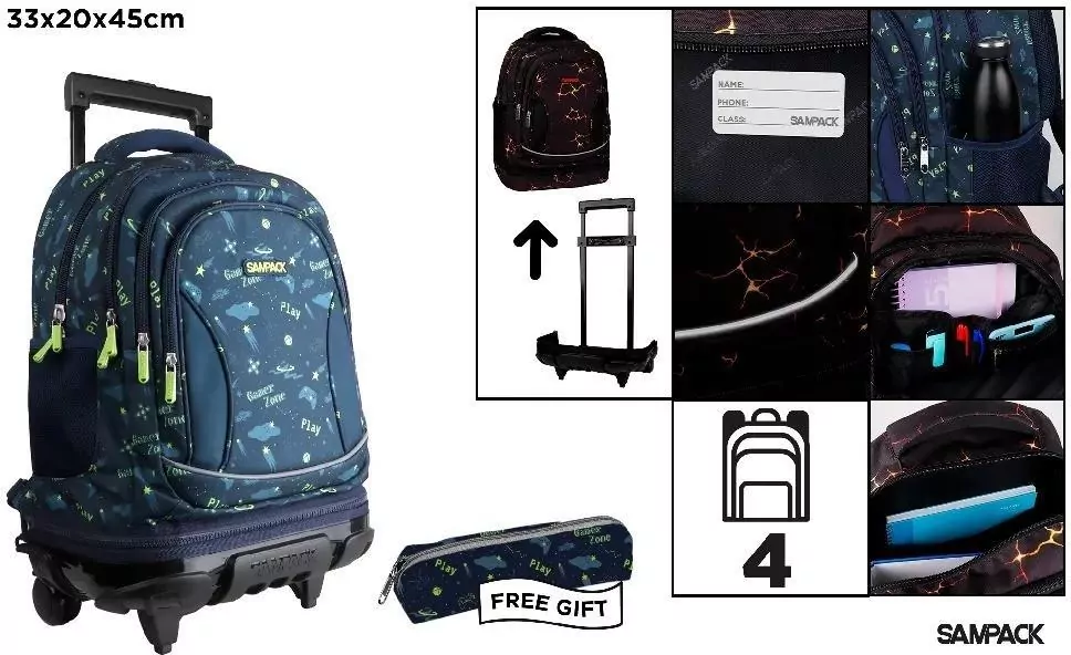 Plecak ze stelażem i kółkami 4 komory + piórnik - tantis.pl