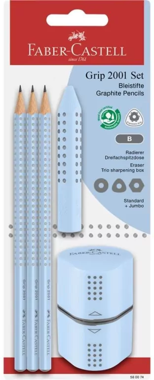 Ołówek 3 sztuki + gumka + temperówka Grip błękitny - tantis.pl
