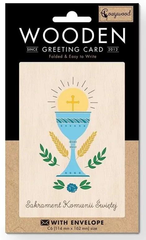 Karnet drewniany C6 + koperta Komunia Kielich niebieski - tantis.pl