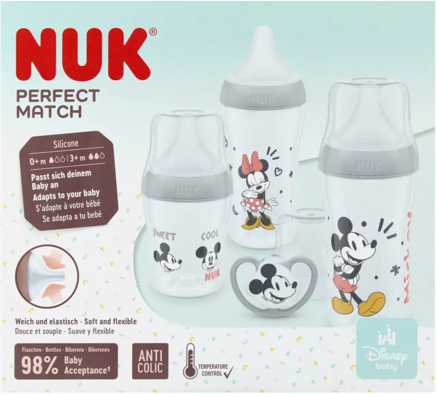 NUK. Perfect Match. Zestaw 4-częściow: 3 butelki, 1 smoczek. Mickie i Minnie - tantis.pl