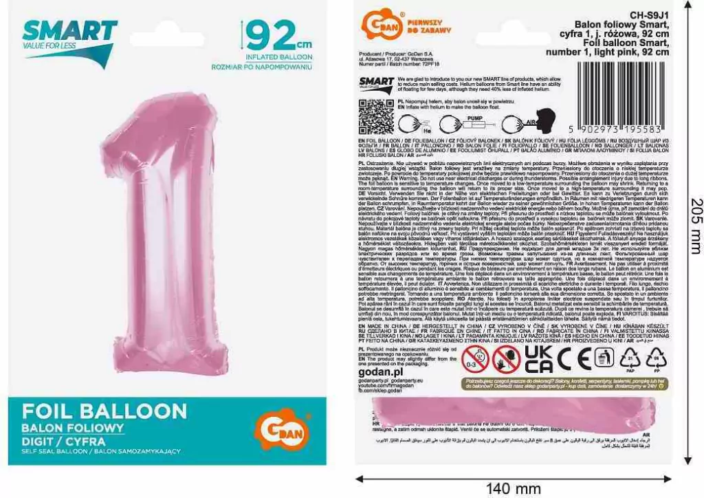 Balon foliowy cyfra 1 jasnoróżowa Smart 92cm - tantis.pl