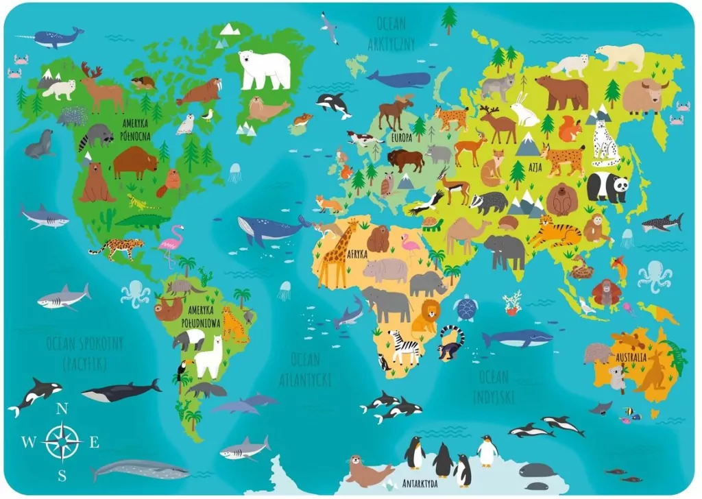 Podkładka laminowana Mapa Świata: Zwierzęta - tantis.pl