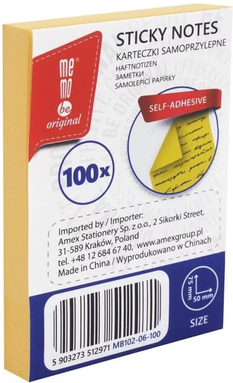 Bloczek samoprzylepny 50x75mm 100K żółty MemoBe - tantis.pl
