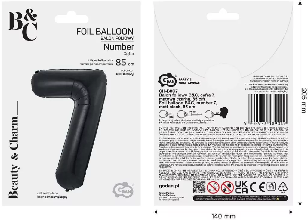 Balon foliowy B&C cyfra 7 matowa czarna 85cm - tantis.pl