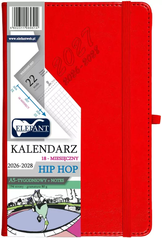 Kalendarz Hip hop 2026/27/28 A5 tyg. czerwony - tantis.pl