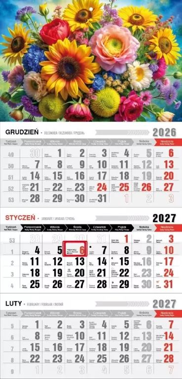 Kalendarz 2027 trójdzielny ekonomiczny bukiety - tantis.pl