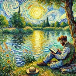 Diamentowa Mozaika Mężczyzna czytający nad jeziorem w stylu Van Gogha NO-2003114