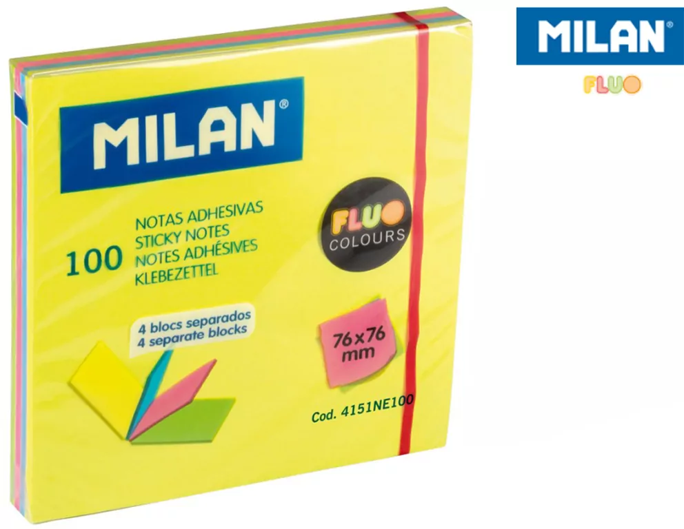 Karteczki fluo 4 kolory 76x76mm 100k 4151NE100 MILAN - tantis.pl