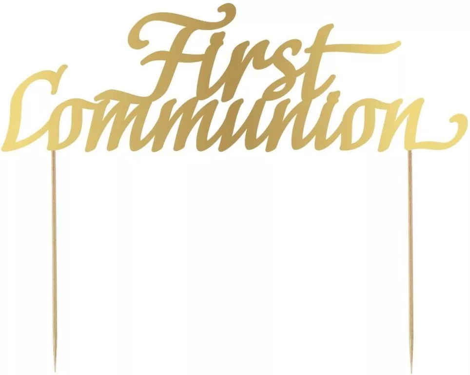 First Communion. Piersza Komunia Święta. Topper papierowy na tort. Złoty - tantis.pl