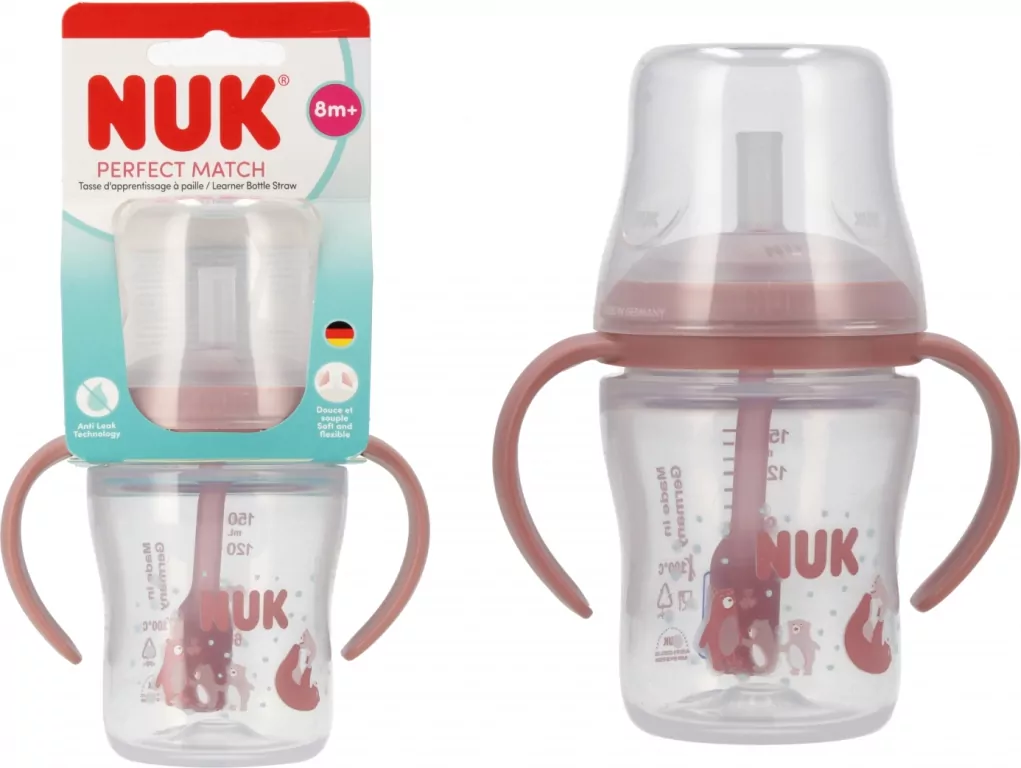 NUK. Butelka do nauki picia ze słomką. 150 ml. Miś - tantis.pl