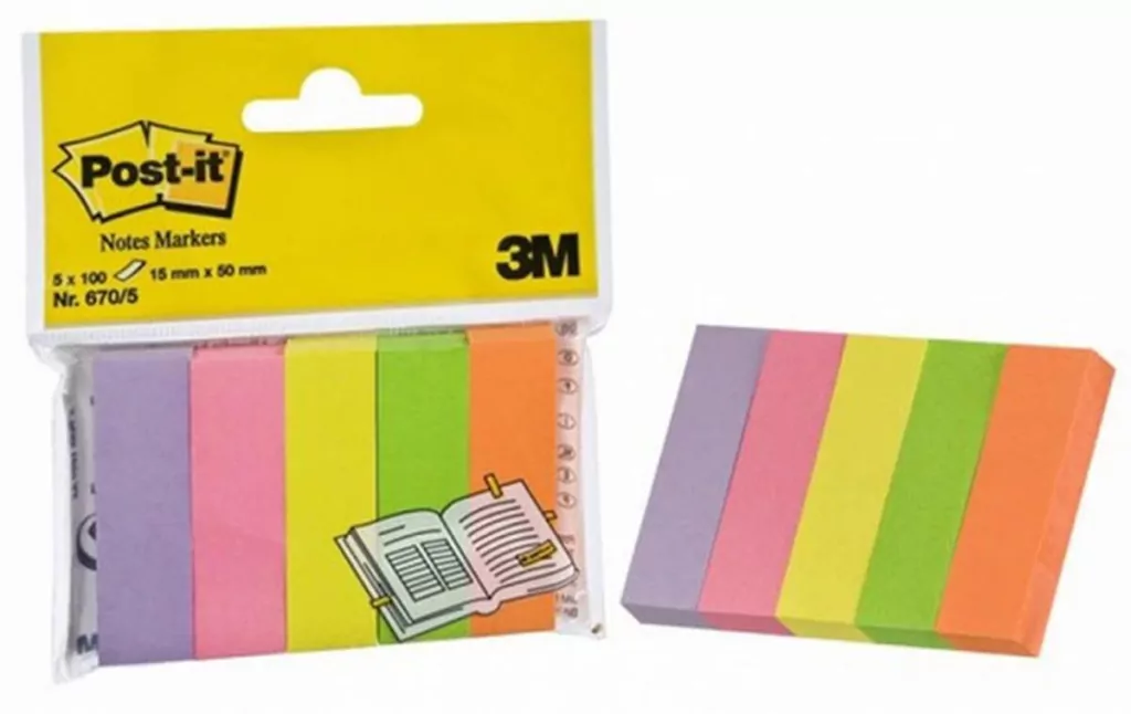 Znaczniki POST-IT 15x50mm, 5x100 kartek mix kolorów neonowy - tantis.pl