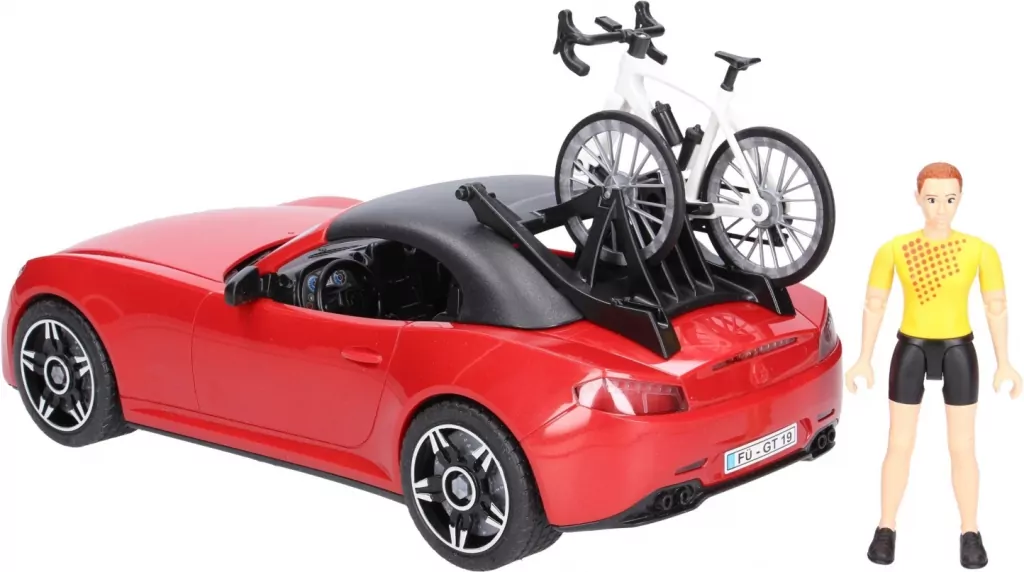 Auto Roadster czerwone z figurką kolarki i rowerem - tantis.pl