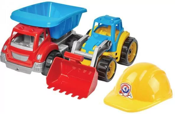 Koparka z wywrotką i kaskiem. Zestaw budowlany - tantis.pl