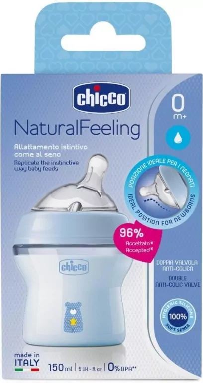 Chicco. NaturalFeeling. Butelka. 150 ml. 0-6 miesięcy. Niebieska - tantis.pl