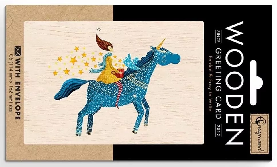 Karnet drewniany C6 + koperta. Jednorożec - tantis.pl