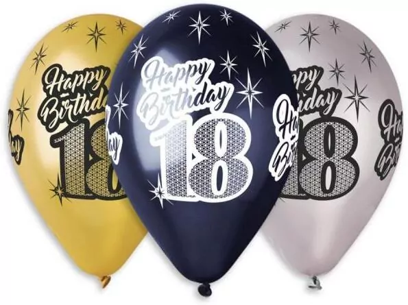 Balony Premium "Happy Birthday 18", metaliczne, 12" / 6szt - tantis.pl