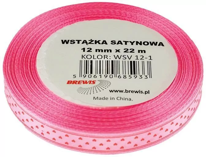 Wstążka satynowa w serca różowa 12mmx22m - tantis.pl