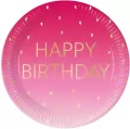 Talerzyki papierowe Pink Happy Birthday 23cm - tantis.pl