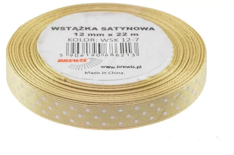 Wstążka satynowa w kropki. Beżowa 12mmx22m - tantis.pl