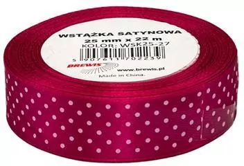 Wstążka satynowa w kropki, bordowa 25mmx22m - tantis.pl